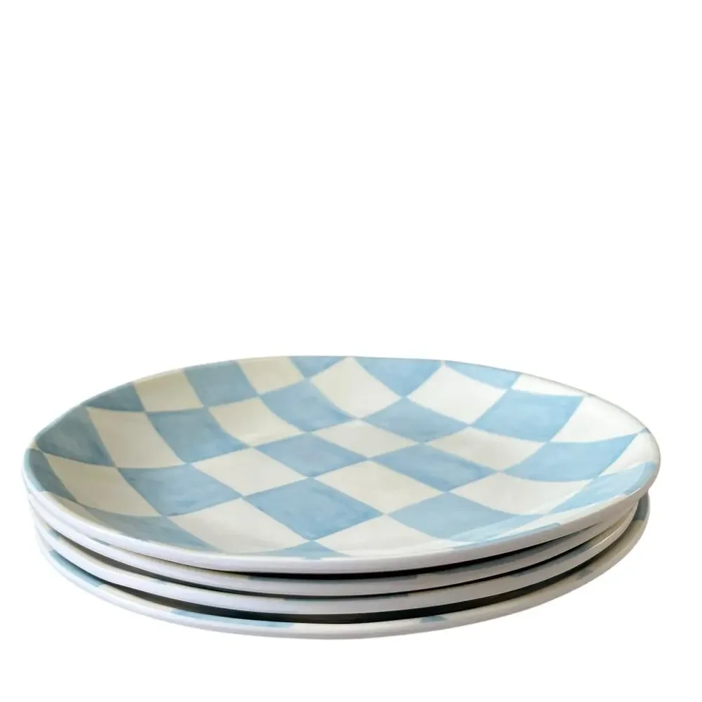 Blue & White Checkered Melamine Appetizer Plates 6.5in Set of 4 Chic Spring NEW
